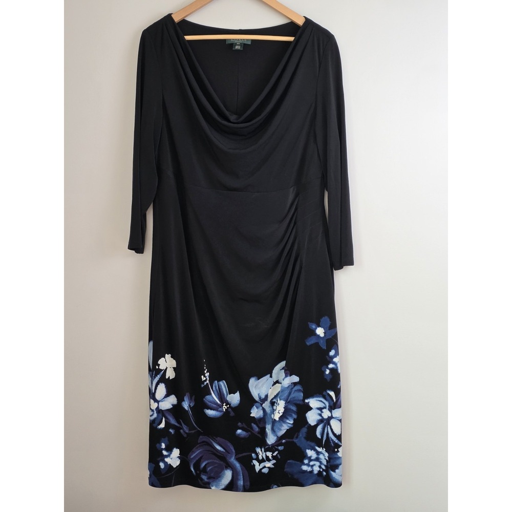 Lauren Ralph Lauren Black Blue Floral Drape Neck Stretch Knit Dress Size 16 W